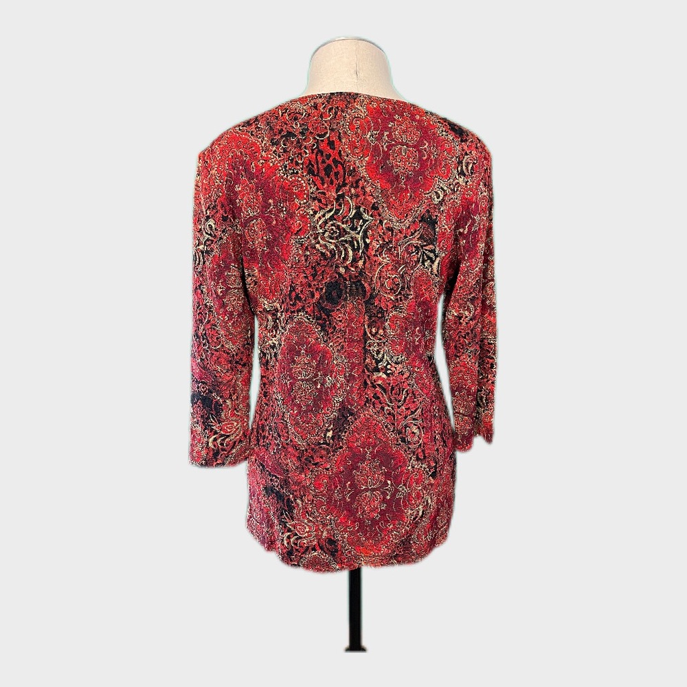 Red Black Paisley Blouse 3/4 Sleeve Top by JM Collection Petite Medium 🌹✨ - Picture 5 of 11